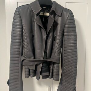 Burberry Gray Leather Moto Jacket with Quilted Sleeves
